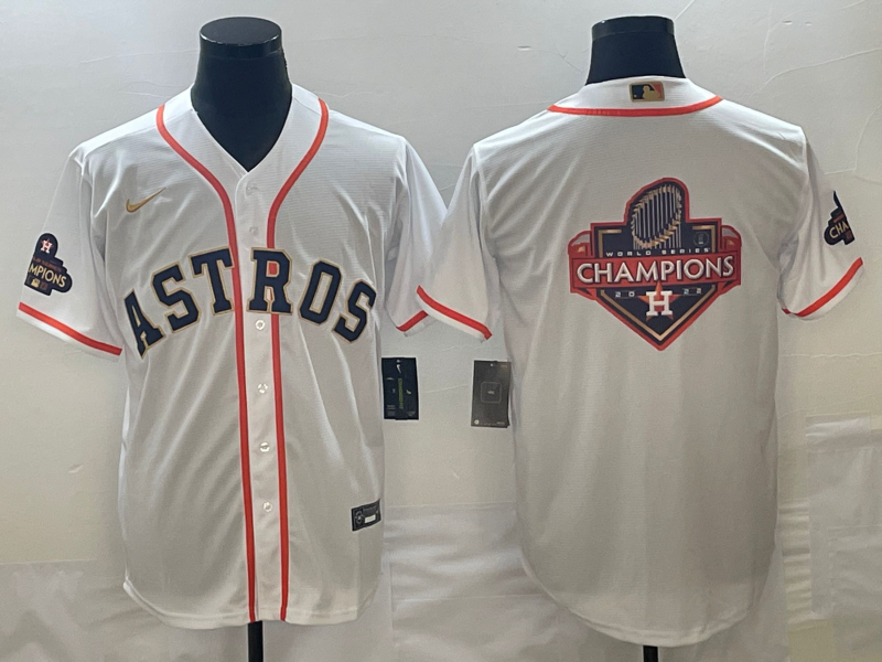 Men's Houston Astros White 2023 Gold Collection With World Serise Champions Patch Team Big Logo Cool Base Stitched Baseball Jersey - Click Image to Close